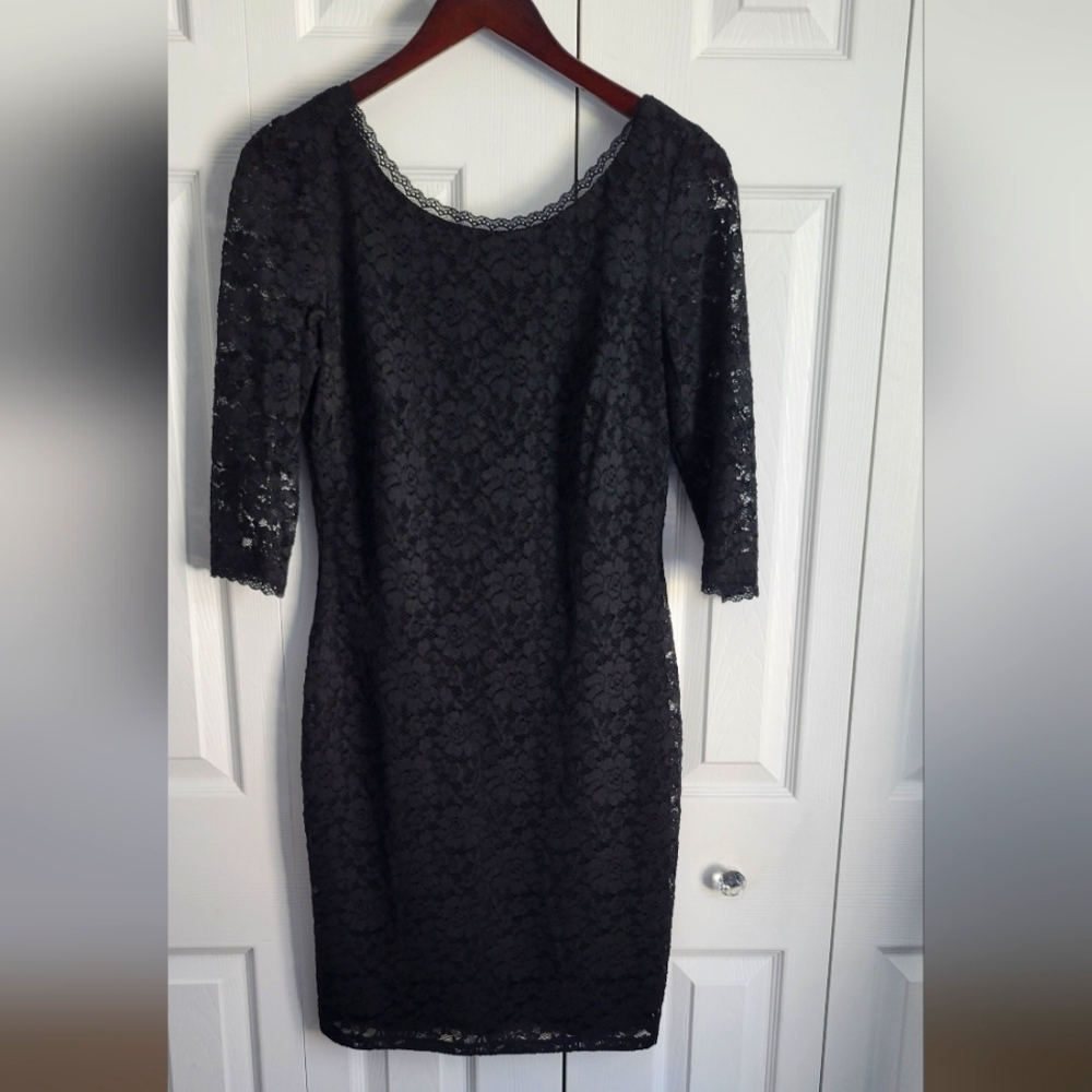 Eliza J Women’s Black Lace Overlay‎ 3/4 Sleeve Sheath Dress Sz 8 Exposed Zipper